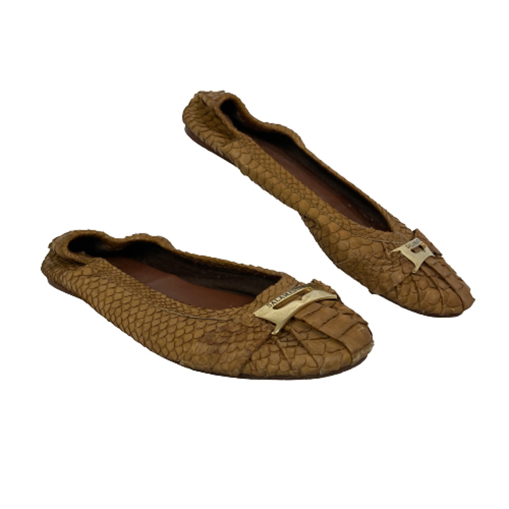 Salamastra Italy Shoes Womens Sz 8.5 Brown Python Skin Leather Gold Logo Flats